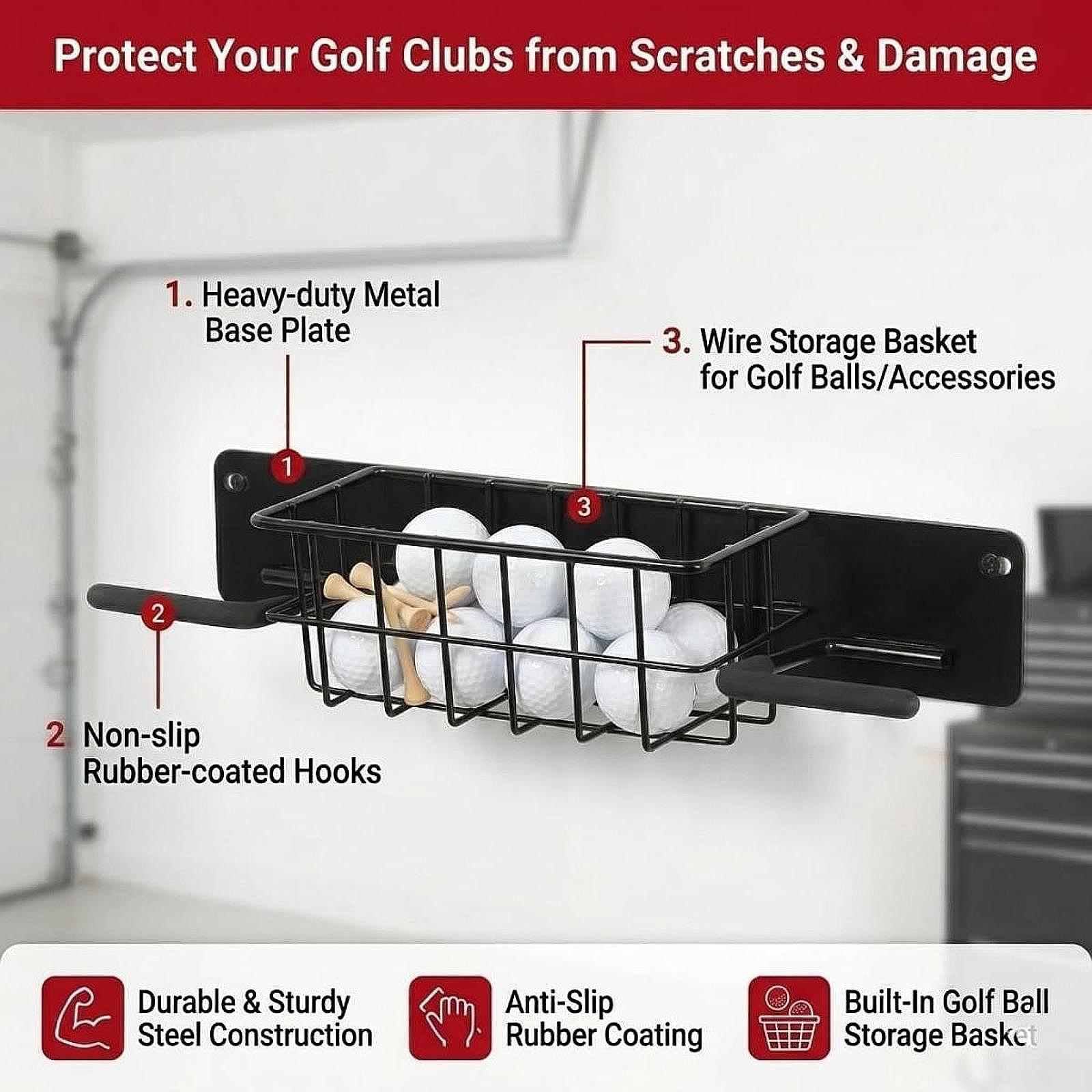 Golf Equipment Organizer For Garage - حامل جداري لتوفير المساحة لمعدات الجولف،